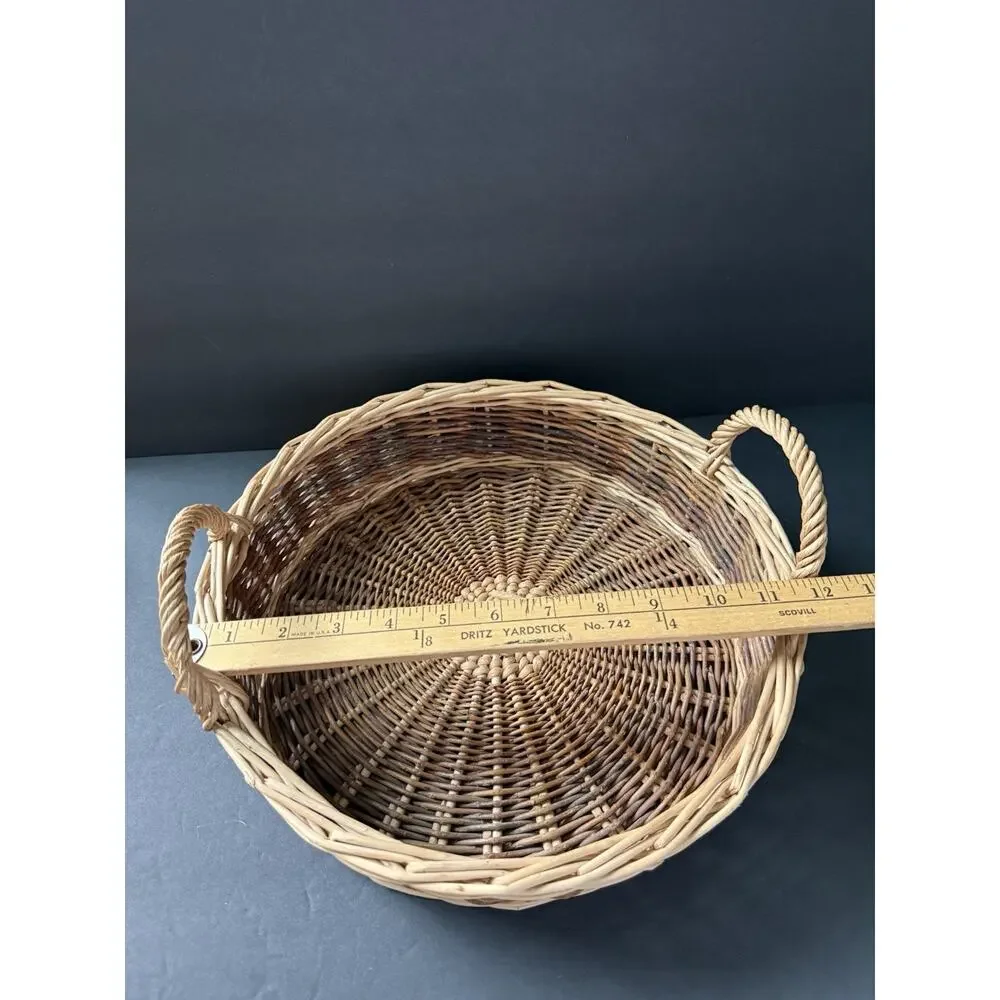 Vintage Handwoven Rattan Wicker Basket Round Handles Farmhouse Cottage Rustic
